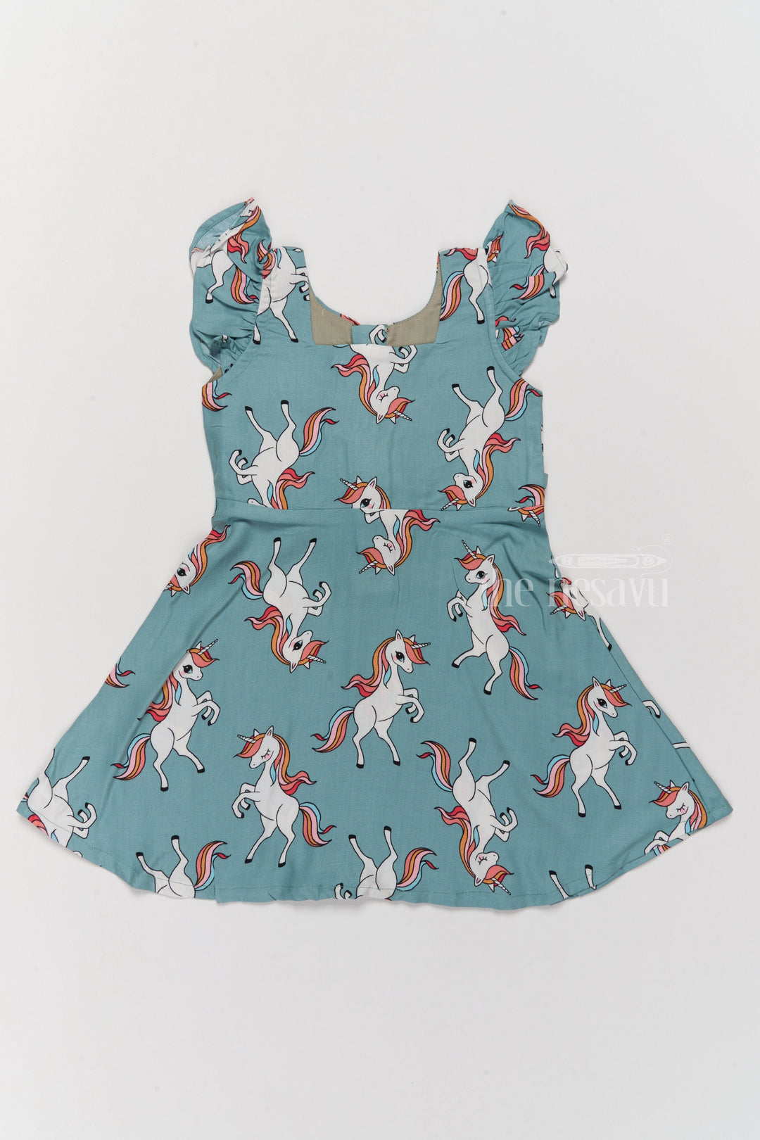 The Nesavu Girls Cotton Frock Stylish Girls Cotton Straight Dress with Unicorn Print and Ruffled Sleeves Nesavu Nesavu Girls Cotton Straight Dress Unicorn Print Ruffled Sleeves Teal Finish