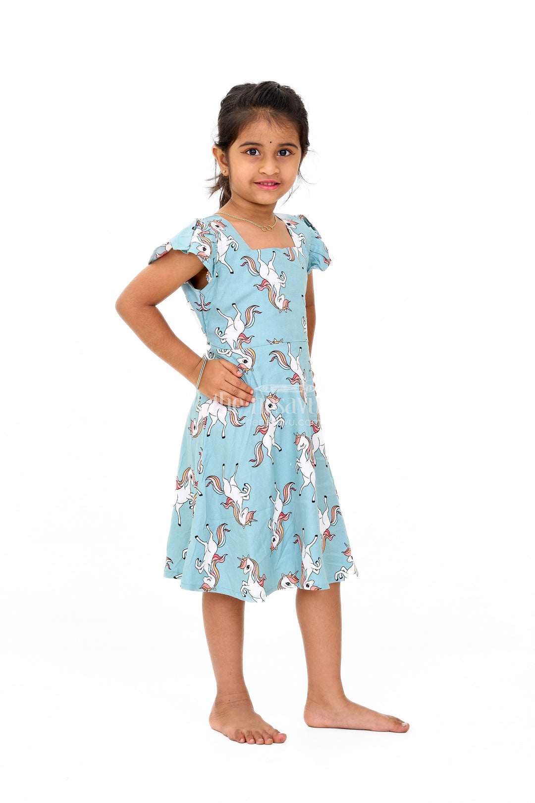 The Nesavu Girls Cotton Frock Stylish Girls Cotton Straight Dress with Unicorn Print and Ruffled Sleeves Nesavu Nesavu Girls Cotton Straight Dress Unicorn Print Ruffled Sleeves Teal Finish