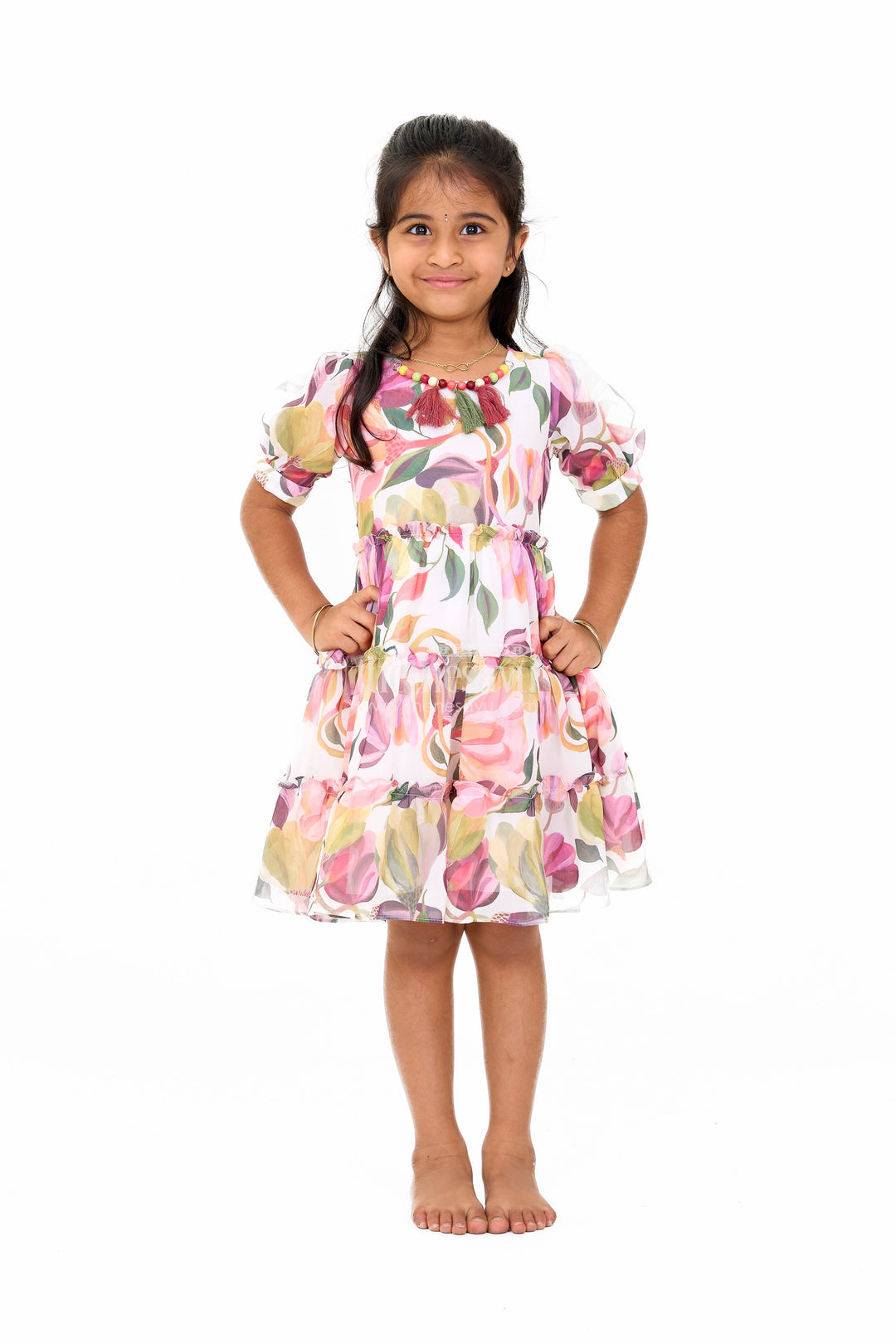 The Nesavu Girls Fancy Frock Stylish Girls Georgette Fancy Frock with Multicolor Floral Prints and Tiered Hem Nesavu 20 (3Y) / Multicolor GFC1533A-20 Nesavu Multicolor Floral Georgette Ki Frock Tiered Hem Girls