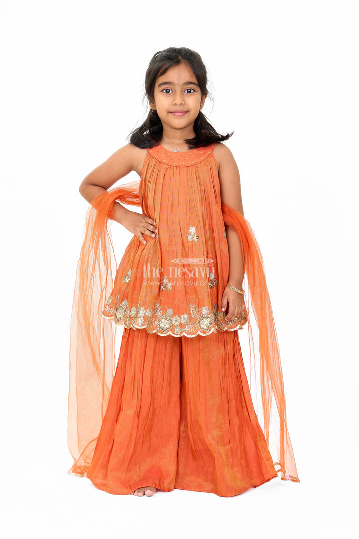The Nesavu Girls Sharara / Plazo Set Stylish Girls Orange Viscose Silk Sharara Set with Embroidered Cape for Festive Wear Nesavu 16 (1Y) / Orange GPS475C-16 Nesavu Girls Orange Viscose Silk Sharara Set Embroidered Cape Weddings Festivals