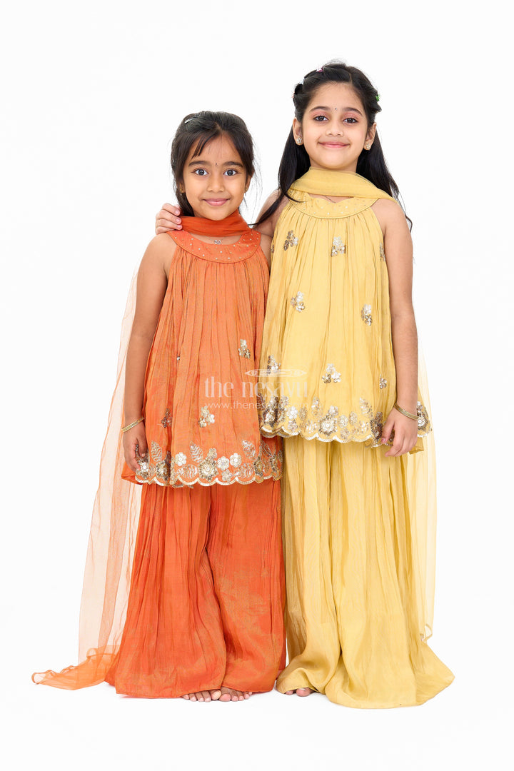 The Nesavu Girls Sharara / Plazo Set Stylish Girls Orange Viscose Silk Sharara Set with Embroidered Cape for Festive Wear Nesavu Nesavu Girls Orange Viscose Silk Sharara Set Embroidered Cape Weddings Festivals