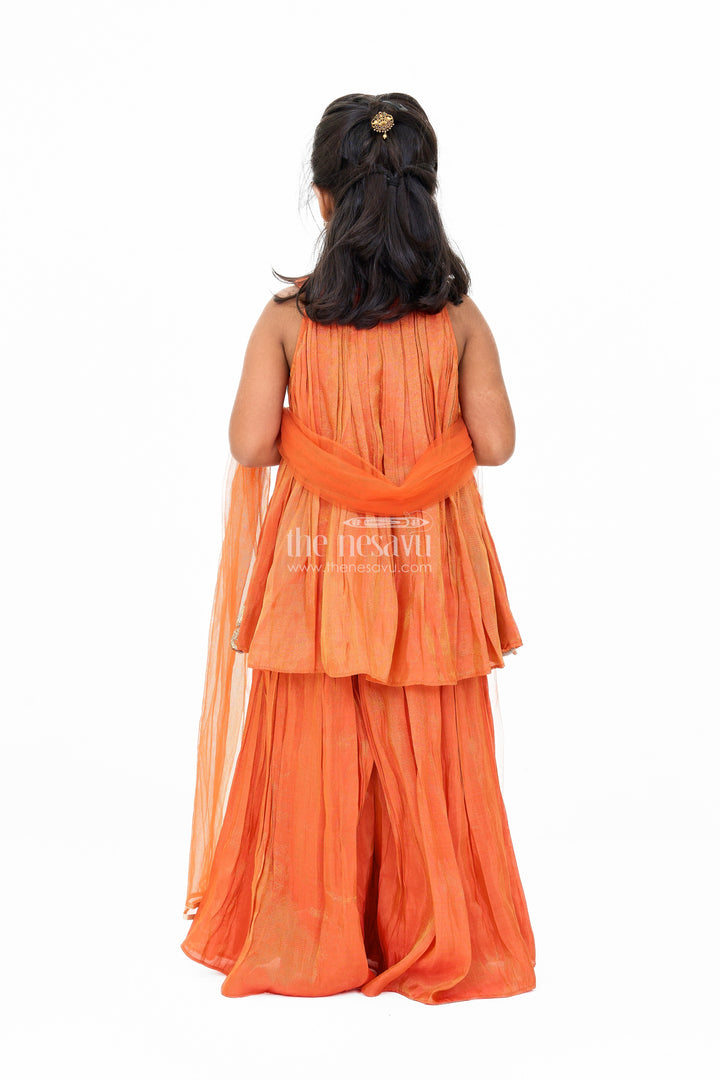 The Nesavu Girls Sharara / Plazo Set Stylish Girls Orange Viscose Silk Sharara Set with Embroidered Cape for Festive Wear Nesavu Nesavu Girls Orange Viscose Silk Sharara Set Embroidered Cape Weddings Festivals