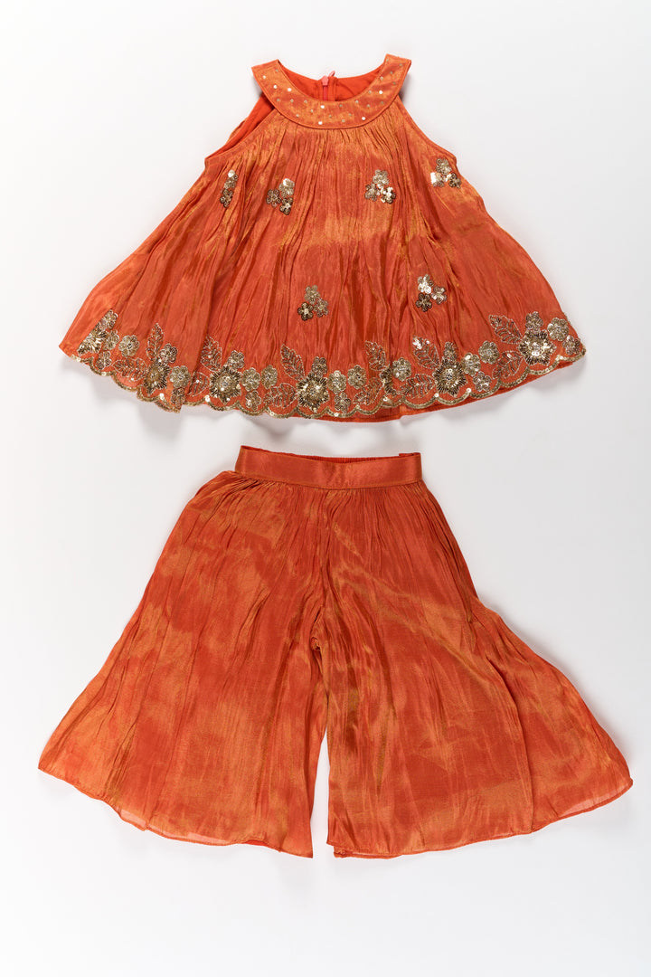 The Nesavu Girls Sharara / Plazo Set Stylish Girls Orange Viscose Silk Sharara Set with Embroidered Cape for Festive Wear Nesavu Nesavu Girls Orange Viscose Silk Sharara Set Embroidered Cape Weddings Festivals
