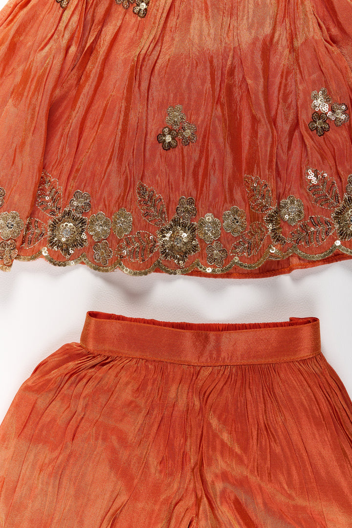 The Nesavu Girls Sharara / Plazo Set Stylish Girls Orange Viscose Silk Sharara Set with Embroidered Cape for Festive Wear Nesavu Nesavu Girls Orange Viscose Silk Sharara Set Embroidered Cape Weddings Festivals