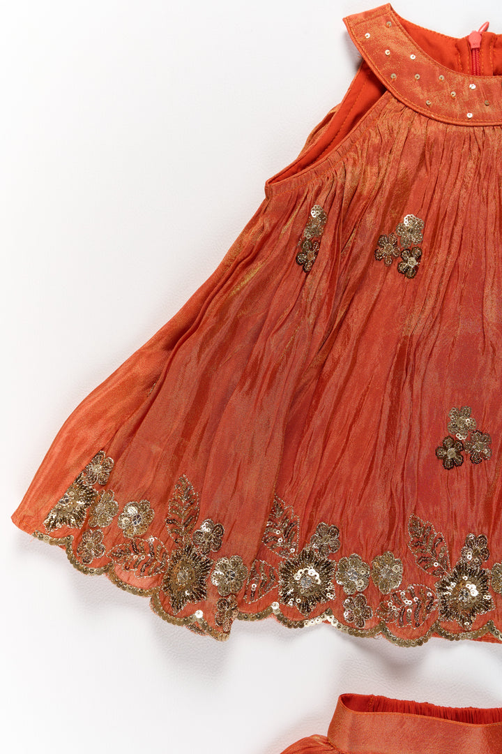 The Nesavu Girls Sharara / Plazo Set Stylish Girls Orange Viscose Silk Sharara Set with Embroidered Cape for Festive Wear Nesavu Nesavu Girls Orange Viscose Silk Sharara Set Embroidered Cape Weddings Festivals