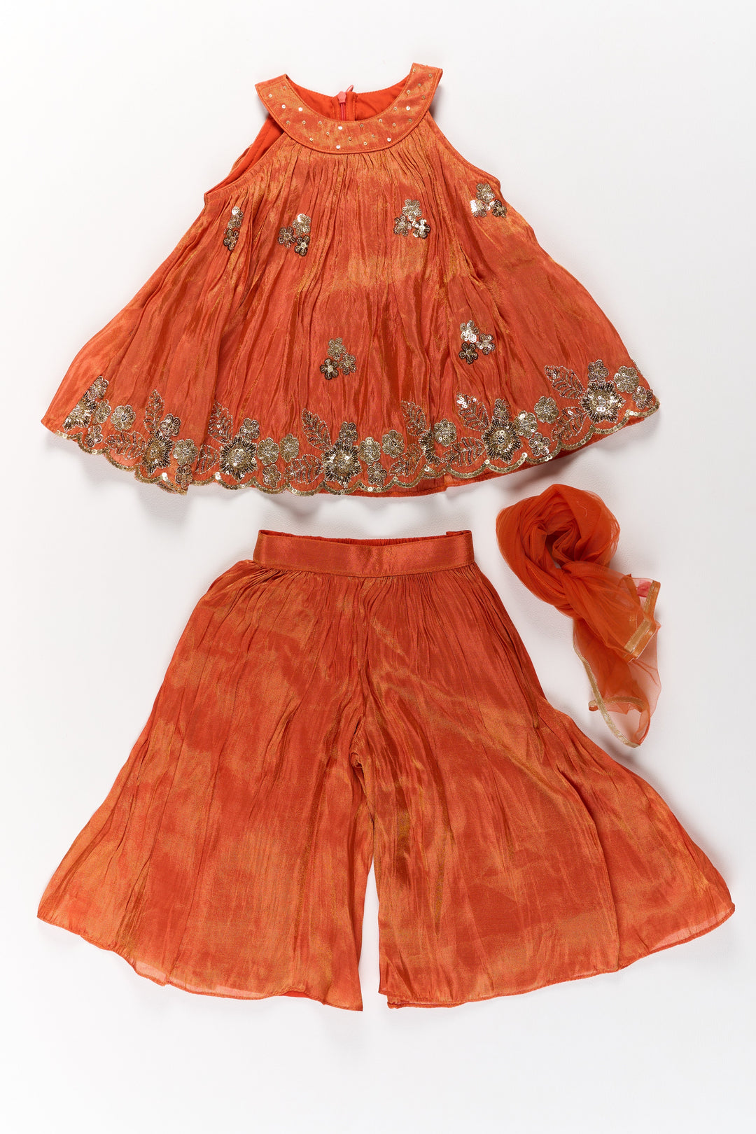 The Nesavu Girls Sharara / Plazo Set Stylish Girls Orange Viscose Silk Sharara Set with Embroidered Cape for Festive Wear Nesavu Nesavu Girls Orange Viscose Silk Sharara Set Embroidered Cape Weddings Festivals