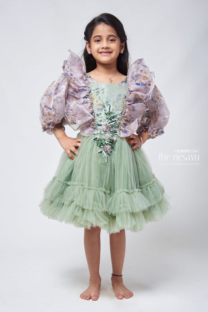 The Nesavu Girls Tutu Frock Stylish Girls Party Dress Modern Design with Traditional Elegance Nesavu 16 (1Y) / Green / Organza Printed PF127B-16 Princess Birthday Dress | Baby Girlparty Frock | The Nesavu