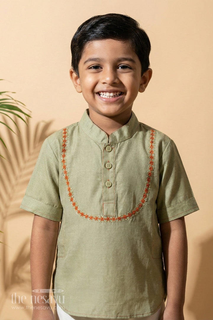 The Nesavu Boys Kurtha Shirt Stylish Green Boys Kurta Shirt with Embroidered Placketideal for Festive Occasions Nesavu 16 (1Y) / Green / Blend Silk BS139B-16 Stylish Green Boys Kurta Shirt with Embroidered Placket | The Nesavu