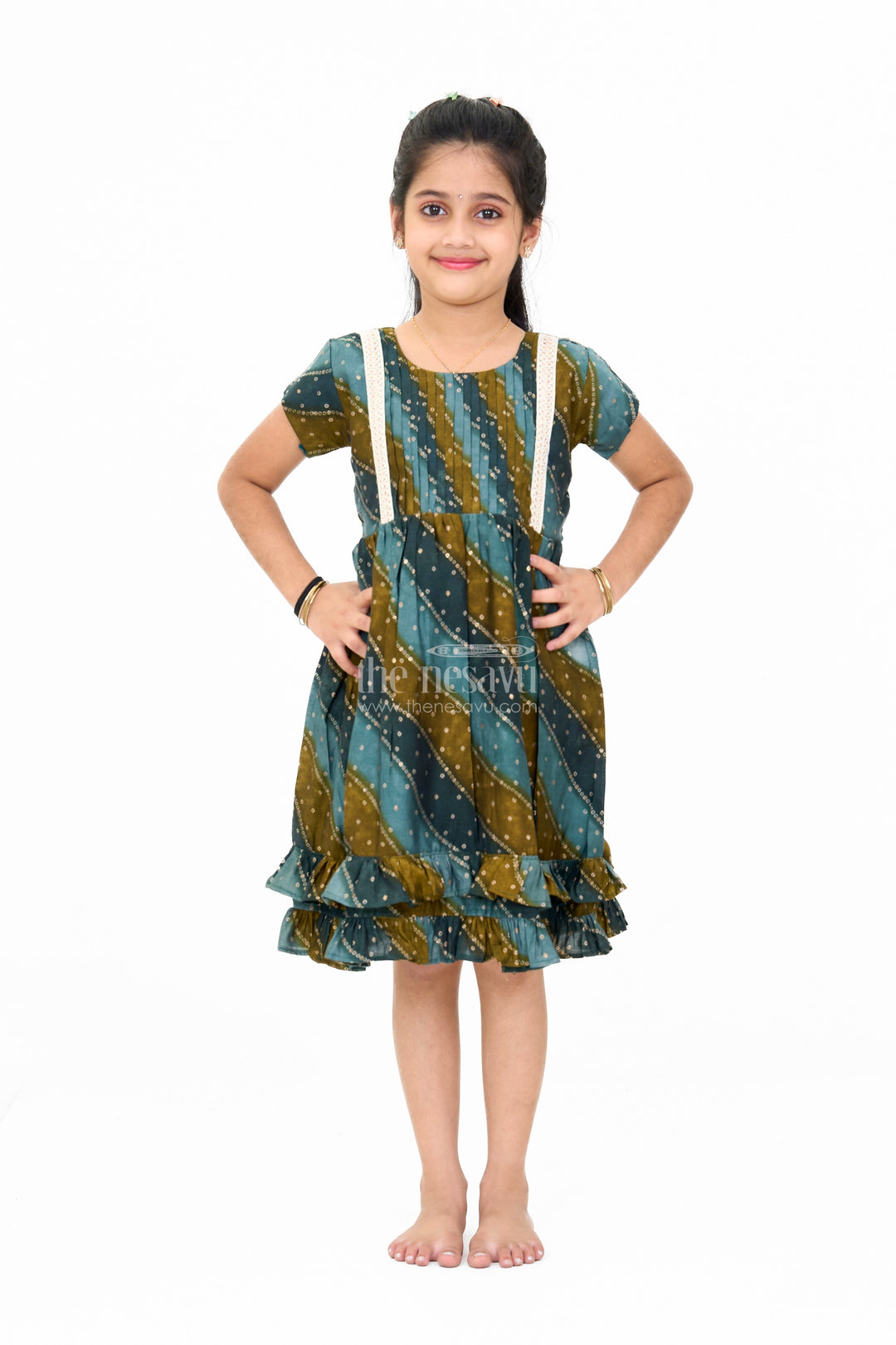 The Nesavu Girls Cotton Frock Stylish Green Cotton Aesthetic Frock for Girls with Layered Design and Gold Accents Nesavu 16 (1Y) / Green GFC1596A-16 Nesavu Stylish Green Cotton Aesthetic Frock Girls Layered Design Gold Accents