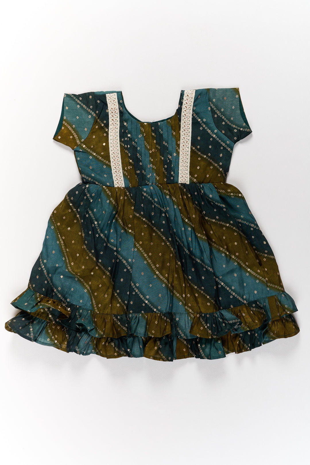 The Nesavu Girls Cotton Frock Stylish Green Cotton Aesthetic Frock for Girls with Layered Design and Gold Accents Nesavu Nesavu Stylish Green Cotton Aesthetic Frock Girls Layered Design Gold Accents