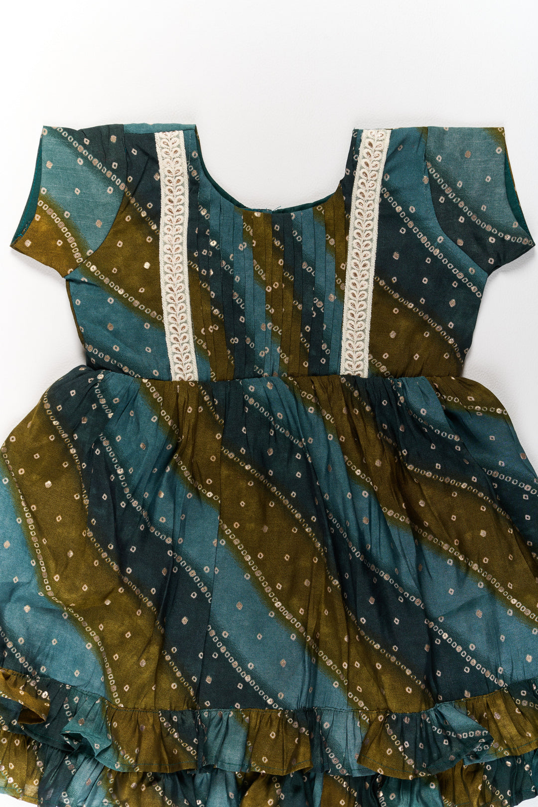 The Nesavu Girls Cotton Frock Stylish Green Cotton Aesthetic Frock for Girls with Layered Design and Gold Accents Nesavu Nesavu Stylish Green Cotton Aesthetic Frock Girls Layered Design Gold Accents