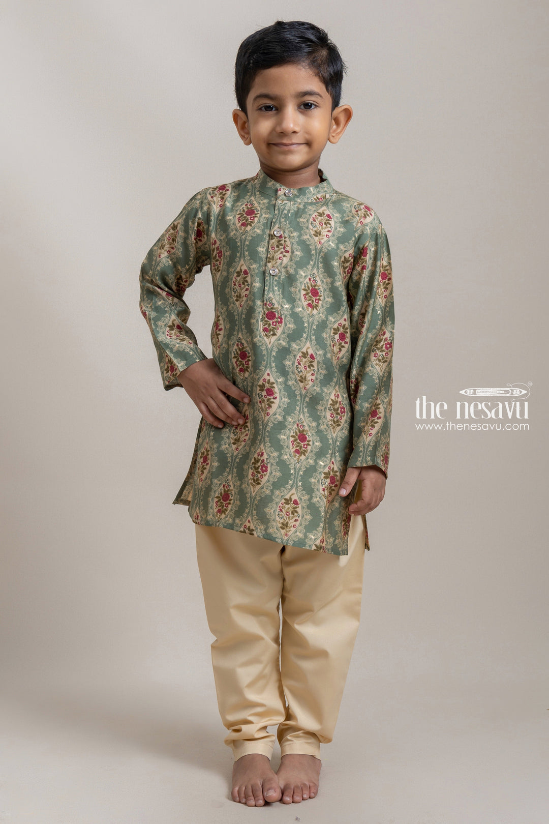The Nesavu Boys Kurtha Set Stylish Green Floral Printed Ethnic Kurta With Beige Solid Pant For Boys Nesavu 14 (6M) / Green / Modal BES318A-14 Stand Out from the Crowd with The Nesavu's Fashionable Ethnic Wear for Boys The Nesavu
