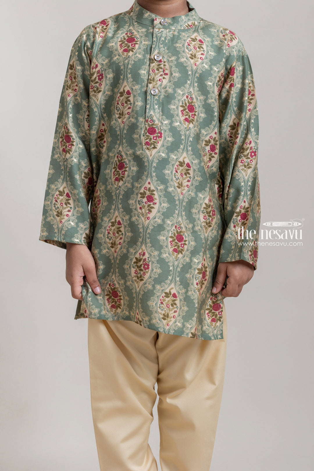 The Nesavu Boys Kurtha Set Stylish Green Floral Printed Ethnic Kurta With Beige Solid Pant For Boys Nesavu Stand Out from the Crowd with The Nesavu's Fashionable Ethnic Wear for Boys The Nesavu