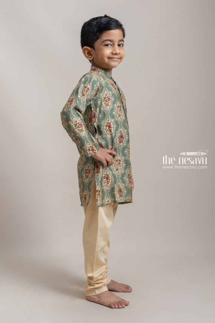 The Nesavu Boys Kurtha Set Stylish Green Floral Printed Ethnic Kurta With Beige Solid Pant For Boys Nesavu Stand Out from the Crowd with The Nesavu's Fashionable Ethnic Wear for Boys The Nesavu