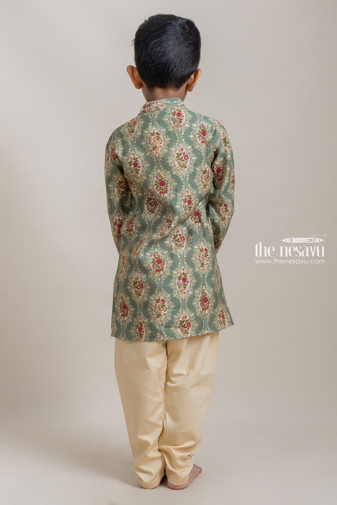 The Nesavu Boys Kurtha Set Stylish Green Floral Printed Ethnic Kurta With Beige Solid Pant For Boys Nesavu Stand Out from the Crowd with The Nesavu's Fashionable Ethnic Wear for Boys The Nesavu