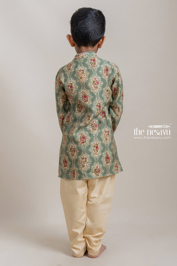The Nesavu Boys Kurtha Set Stylish Green Floral Printed Ethnic Kurta With Beige Solid Pant For Boys Nesavu Stand Out from the Crowd with The Nesavu's Fashionable Ethnic Wear for Boys The Nesavu