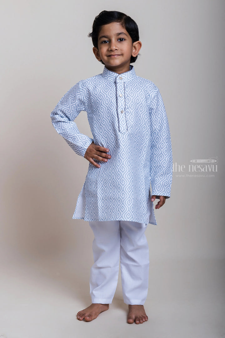 The Nesavu Boys Kurtha Set Stylish Grey Latest Printed Kurta With Comfortable White Cotton Pant For Boys Nesavu 16 (1Y) / Blue / Silk Blend BES255A-16 Daily Wear Kurta And Pant| Casual Wear Collection| The Nesavu