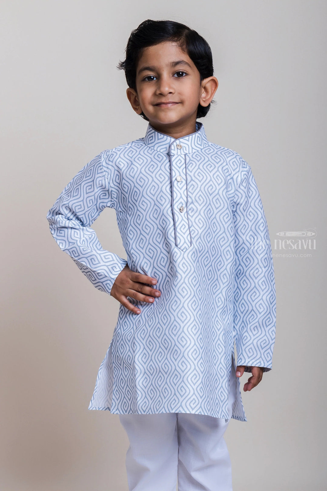 The Nesavu Boys Kurtha Set Stylish Grey Latest Printed Kurta With Comfortable White Cotton Pant For Boys Nesavu Daily Wear Kurta And Pant| Casual Wear Collection| The Nesavu