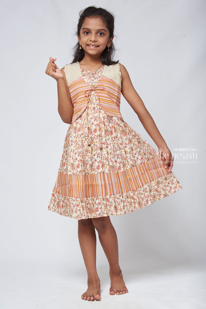 The Nesavu Girls Cotton Frock Stylish Half White Floral Pleated Frock with Brown Overcoat - Girls Chic Dress Nesavu 22 (4Y) / Half white / Chanderi GFC1110B-22 Pure Cotton Frock Toddler | Cotton Frock Design For Girls