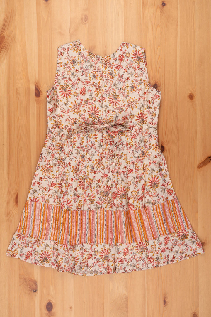 The Nesavu Girls Cotton Frock Stylish Half White Floral Pleated Frock with Brown Overcoat - Girls Chic Dress Nesavu Pure Cotton Frock Toddler | Cotton Frock Design For Girls