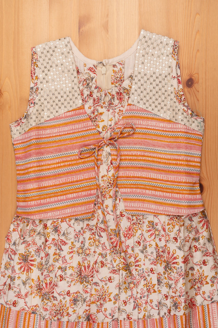The Nesavu Girls Cotton Frock Stylish Half White Floral Pleated Frock with Brown Overcoat - Girls Chic Dress Nesavu Pure Cotton Frock Toddler | Cotton Frock Design For Girls