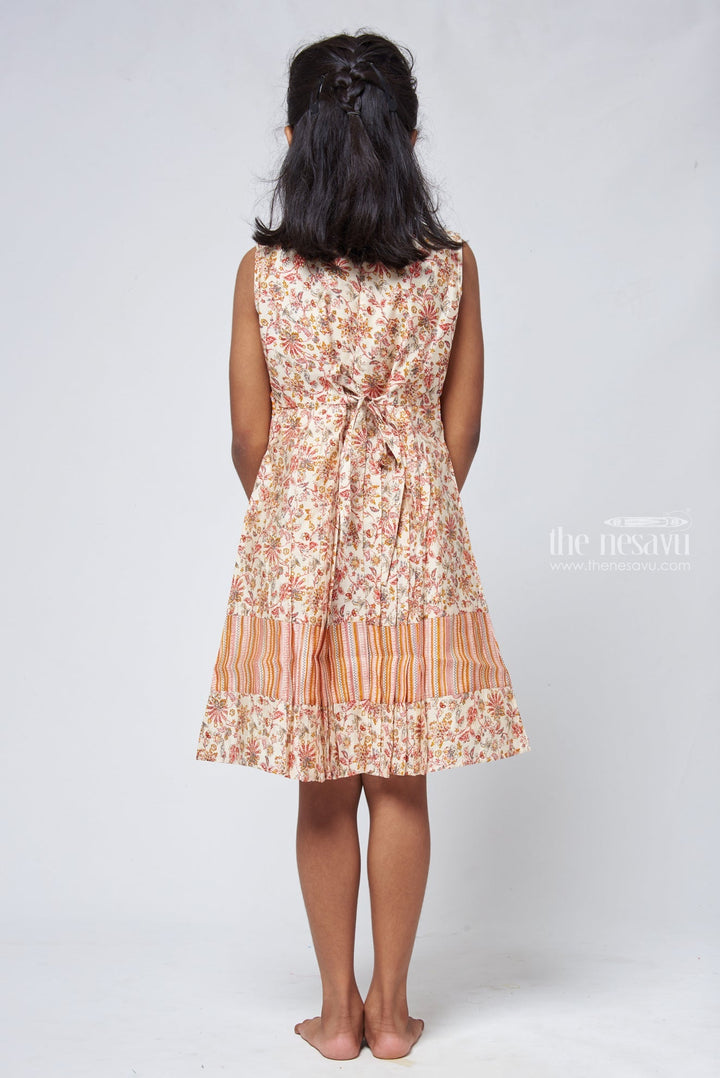 The Nesavu Girls Cotton Frock Stylish Half White Floral Pleated Frock with Brown Overcoat - Girls Chic Dress Nesavu Pure Cotton Frock Toddler | Cotton Frock Design For Girls