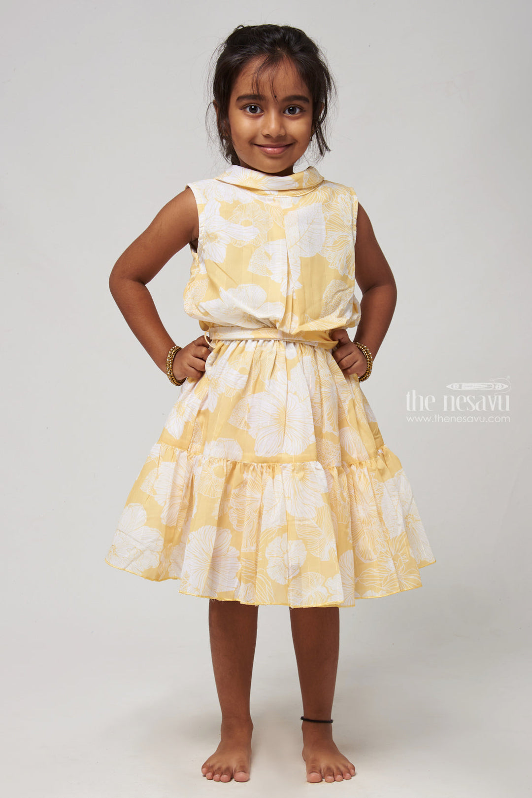 The Nesavu Girls Fancy Frock Stylish High Neck Collared Yellow Frock for Girls - Comfortable Cotton Dress Nesavu 18 (2Y) / Yellow / Georgette GFC1103A-18 Floral Printed Fancy Frock | Girls Cotton Frocks | the Nesavu
