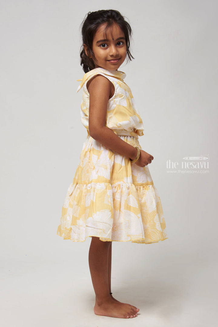 The Nesavu Girls Fancy Frock Stylish High Neck Collared Yellow Frock for Girls - Comfortable Cotton Dress Nesavu Floral Printed Fancy Frock | Girls Cotton Frocks | the Nesavu