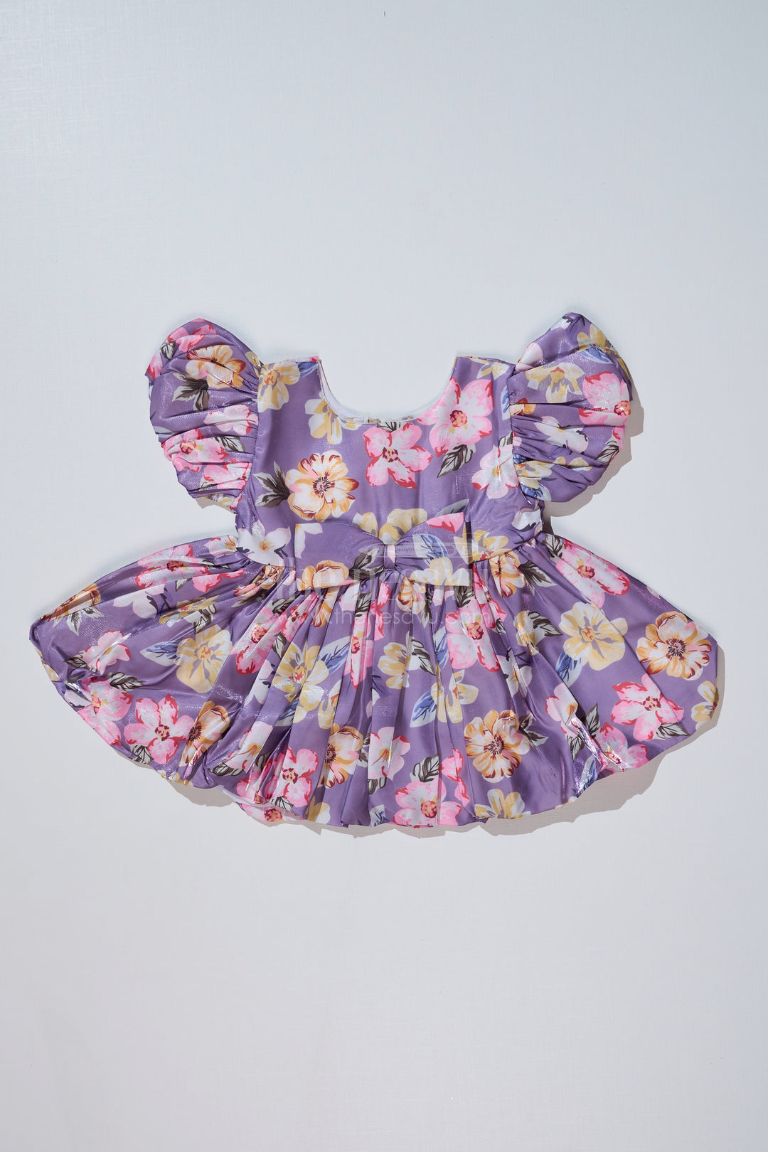 The Nesavu Baby Fancy Frock Stylish Knee Length Floral Frock for Baby Girls in Glaza Satin with Digital Print and Puff Sleeves Nesavu 14 (6M) / Purple BFJ727B-14 Nesavu Knee Length Floral Frock Baby Girls Glaza Satin Digital Print Puff Sleeves