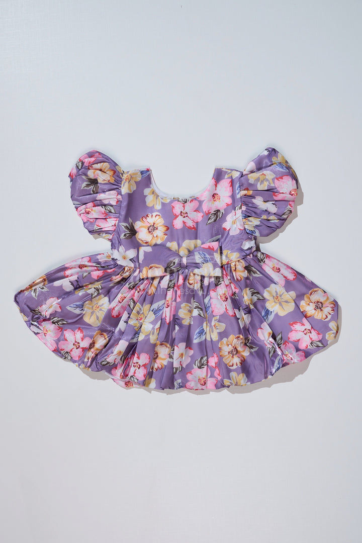 The Nesavu Baby Fancy Frock Stylish Knee Length Floral Frock for Baby Girls in Glaza Satin with Digital Print and Puff Sleeves Nesavu 14 (6M) / Purple BFJ727B-14 Nesavu Knee Length Floral Frock Baby Girls Glaza Satin Digital Print Puff Sleeves