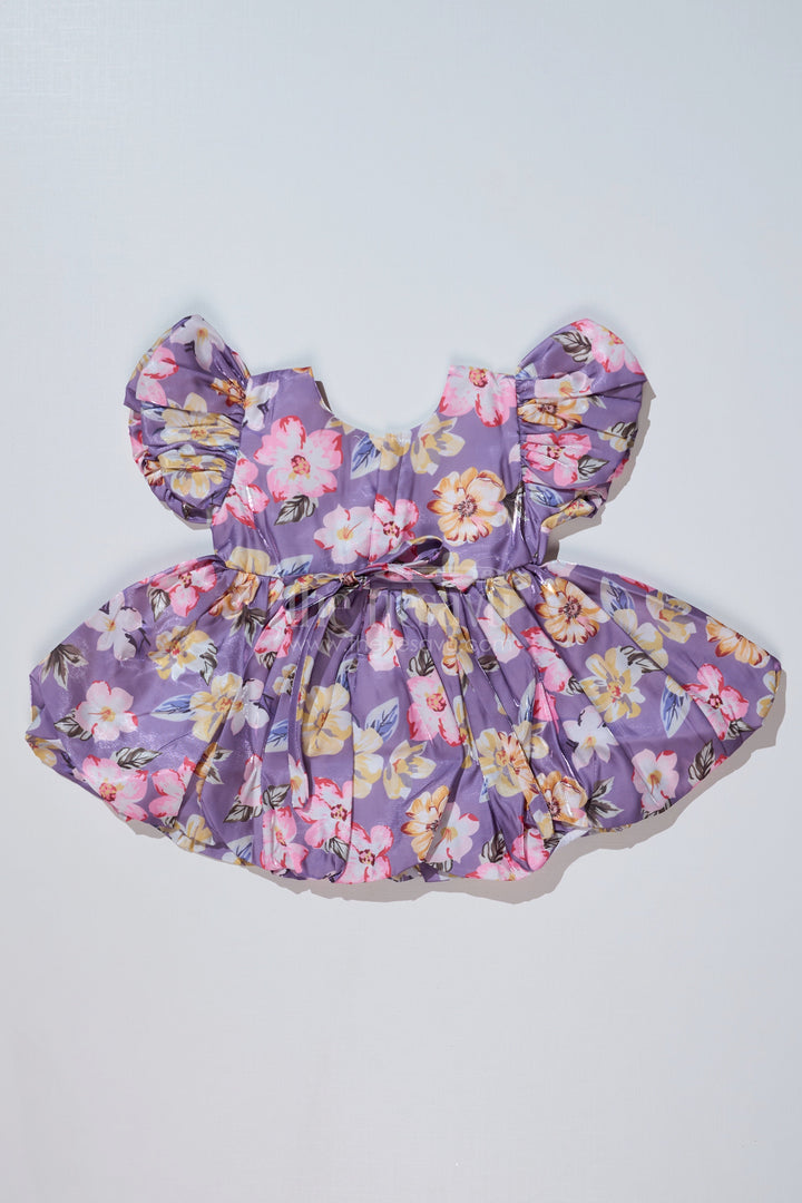 The Nesavu Baby Fancy Frock Stylish Knee Length Floral Frock for Baby Girls in Glaza Satin with Digital Print and Puff Sleeves Nesavu Nesavu Knee Length Floral Frock Baby Girls Glaza Satin Digital Print Puff Sleeves