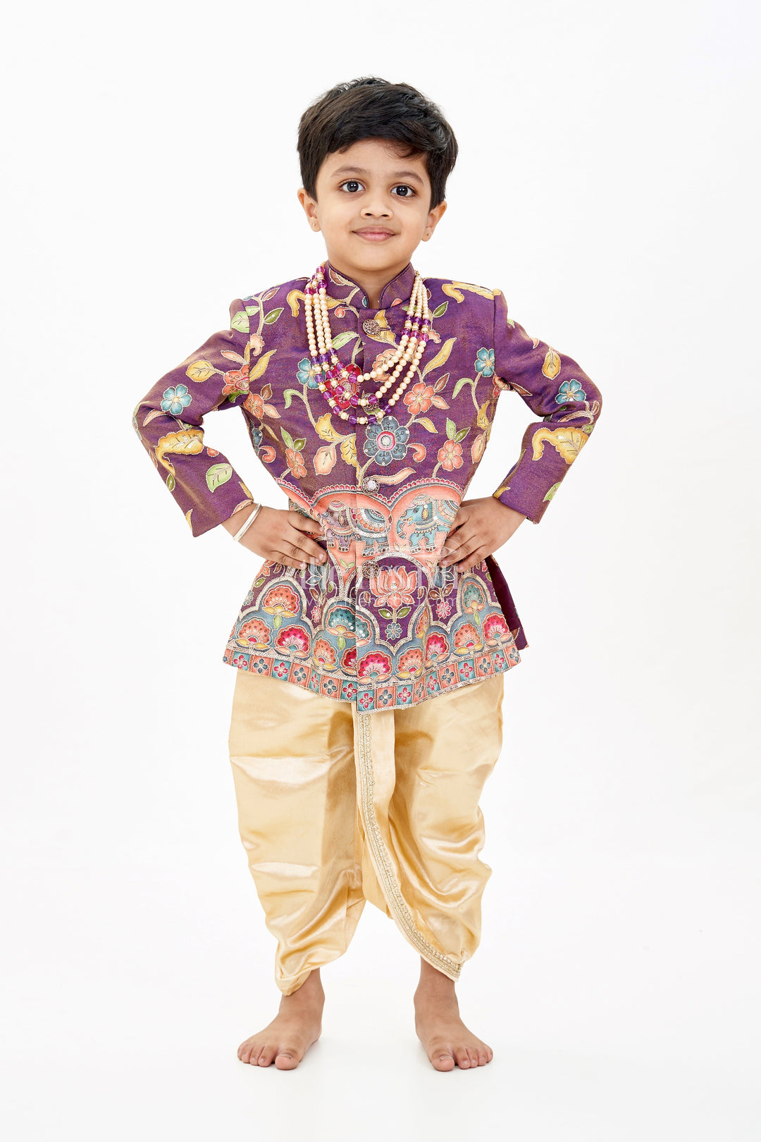 The Nesavu Boys Sherwani Stylish Kurta for Kids with Exquisite Embroidery and Golden Dhoti for Festive Wear Nesavu Nesavu Stylish Kurta Kids Embroidered Jacket Golden Dhoti Traditional Wear
