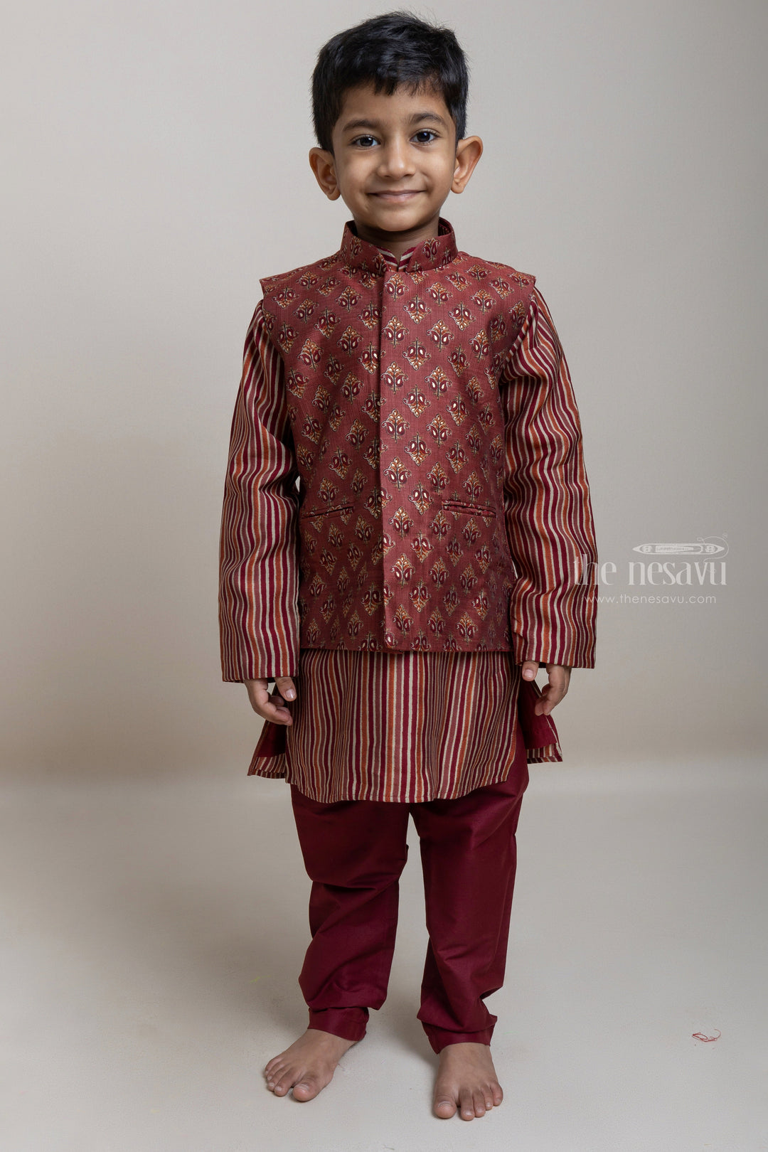 The Nesavu Boys Jacket Sets Stylish Multi-color Stripe Designer Kurta Set With Butta Printed Overjacket For Boys Nesavu 14 (6M) / Maroon / Chanderi BES290A-14 Trendy Ethnic Wear Collection For Boys | Latest Kurta Collection | The Nesavu