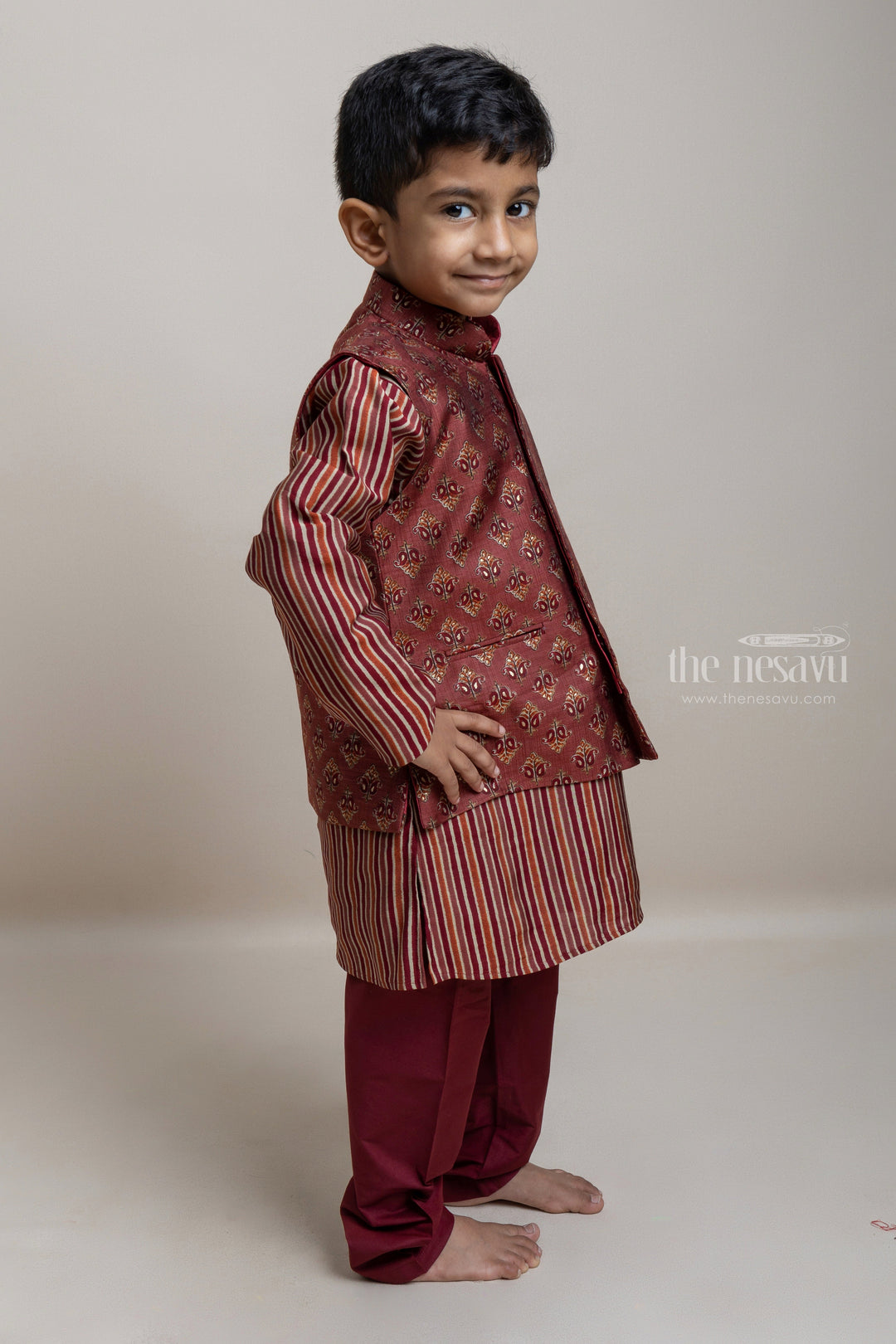 The Nesavu Boys Jacket Sets Stylish Multi-color Stripe Designer Kurta Set With Butta Printed Overjacket For Boys Nesavu Trendy Ethnic Wear Collection For Boys | Latest Kurta Collection | The Nesavu