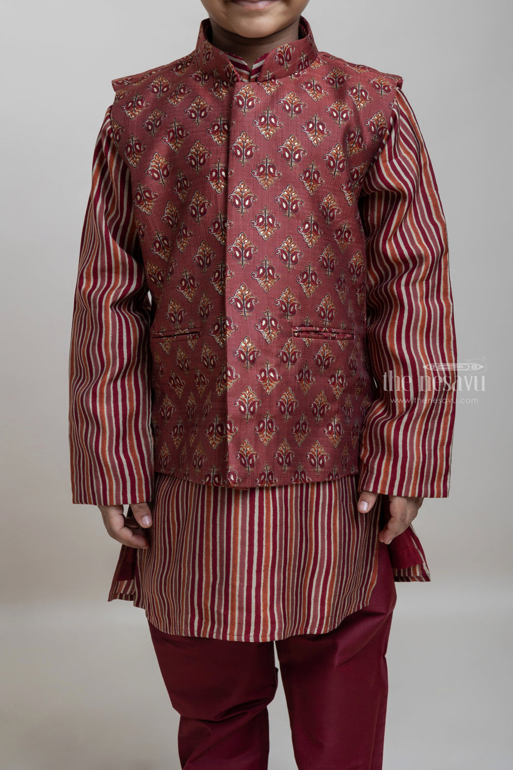 The Nesavu Boys Jacket Sets Stylish Multi-color Stripe Designer Kurta Set With Butta Printed Overjacket For Boys Nesavu Trendy Ethnic Wear Collection For Boys | Latest Kurta Collection | The Nesavu