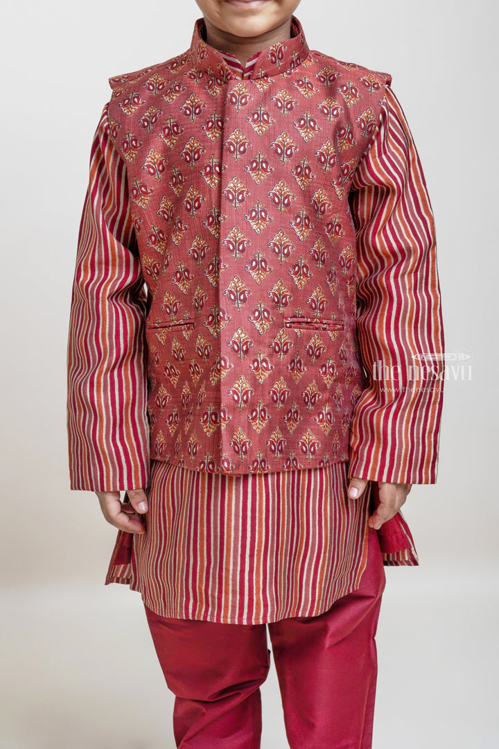 The Nesavu Boys Jacket Sets Stylish Multi-color Stripe Designer Kurta Set With Butta Printed Overjacket For Boys Nesavu Trendy Ethnic Wear Collection For Boys | Latest Kurta Collection | The Nesavu