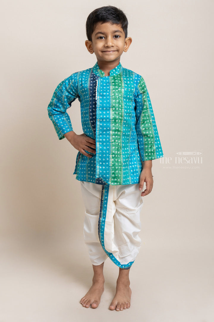 The Nesavu Boys Dothi Set Stylish Multi-colored Ethnic Kurta With White Dhoti For Little Boys Nesavu 12 (3M) / Blue / Glazed Cotton BES284C-12 Traditional and Contemporary Ethnic Wear for Boys | Premium kurta | The Nesavu