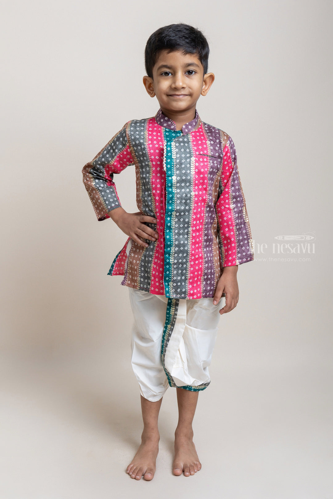 The Nesavu Boys Dothi Set Stylish Multi-colored Ethnic Kurta With White Dhoti For Little Boys Nesavu 12 (3M) / multicolor / Glazed Cotton BES284B-12 Premium Ethnic Wear for Boys | Latest Kurta collection | The Nesavu