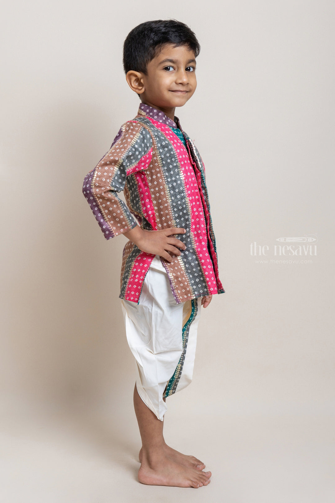 The Nesavu Boys Dothi Set Stylish Multi-colored Ethnic Kurta With White Dhoti For Little Boys Nesavu Premium Ethnic Wear for Boys | Latest Kurta collection | The Nesavu