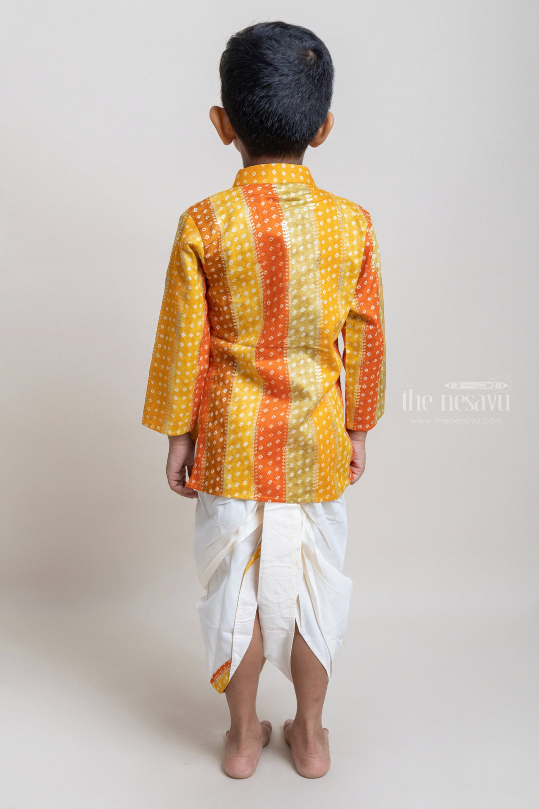 The Nesavu Boys Dothi Set Stylish Multi-colored Ethnic Kurta With White Dhoti For Little Boys Nesavu Shop the Latest Ethnic Wear for Boys Online | Premium Kurta Set | The Nesauvu