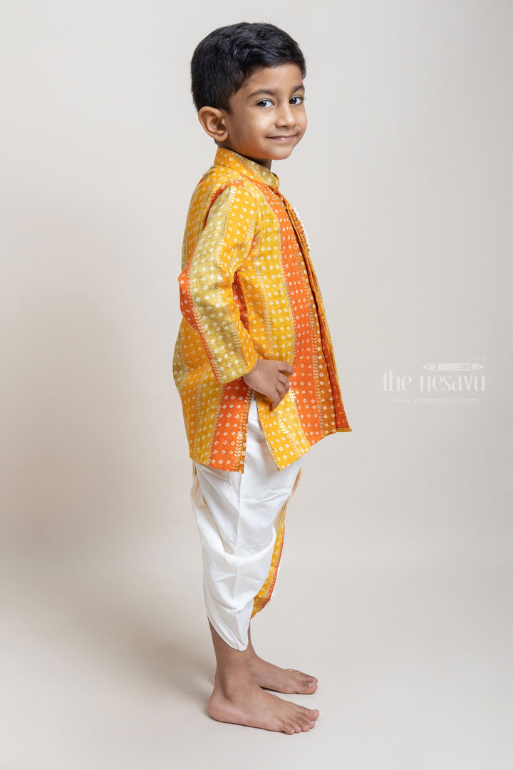 The Nesavu Boys Dothi Set Stylish Multi-colored Ethnic Kurta With White Dhoti For Little Boys Nesavu Shop the Latest Ethnic Wear for Boys Online | Premium Kurta Set | The Nesauvu