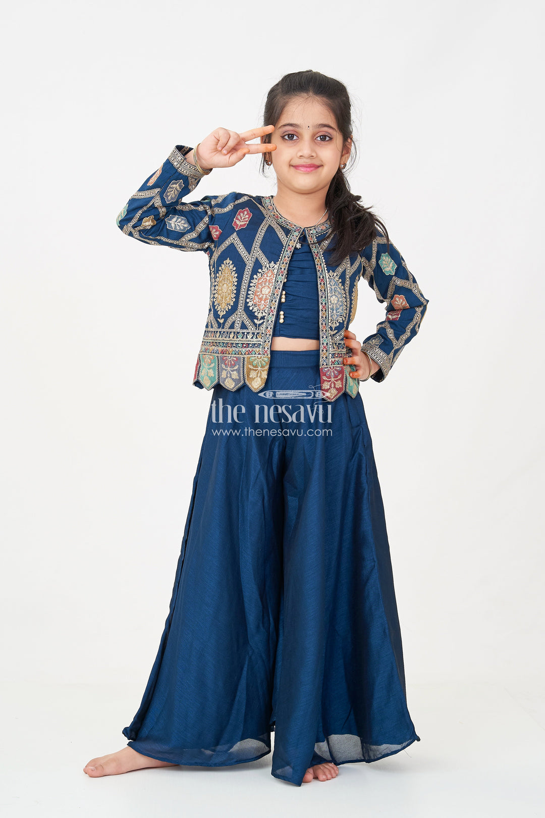 Stylish Party Wear for Girls in Blue Georgette Palazzo Set with Heavily Embroidered Jacket and Crop Top