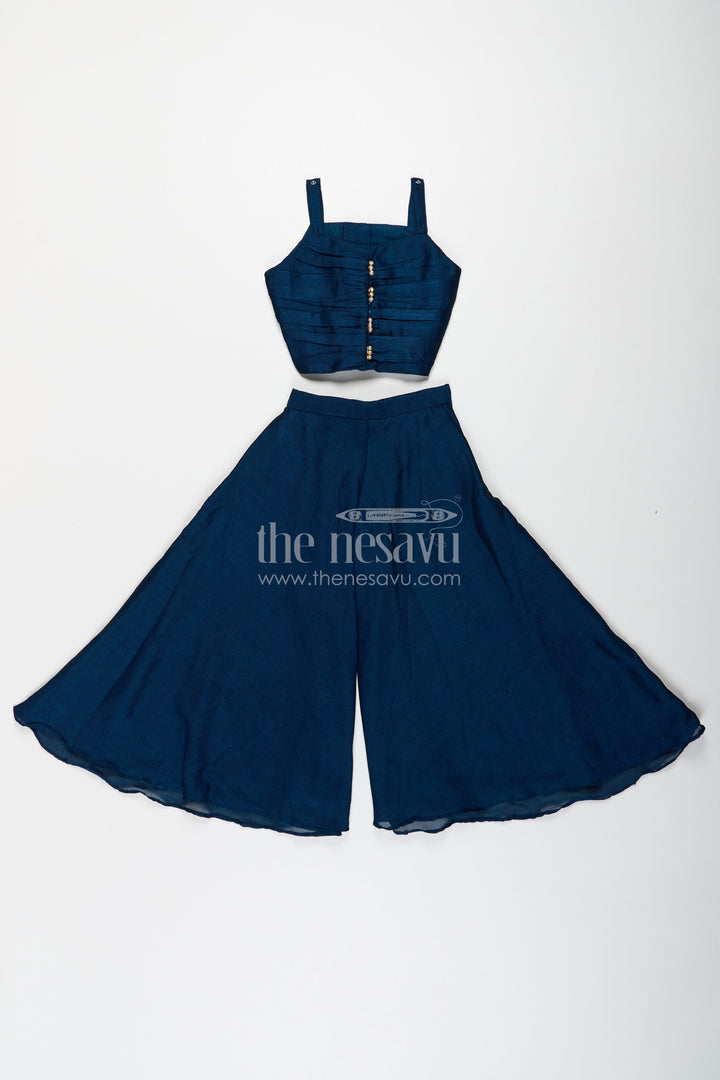 The Nesavu Girls Sharara / Plazo Set Stylish Party Wear for Girls in Blue Georgette Palazzo Set with Heavily Embroidered Jacket and Crop Top Nesavu Nesavu Stylish Party Wear for Girls in Blue Georgette Palazzo Set with Embroidered Long Jacket and Top