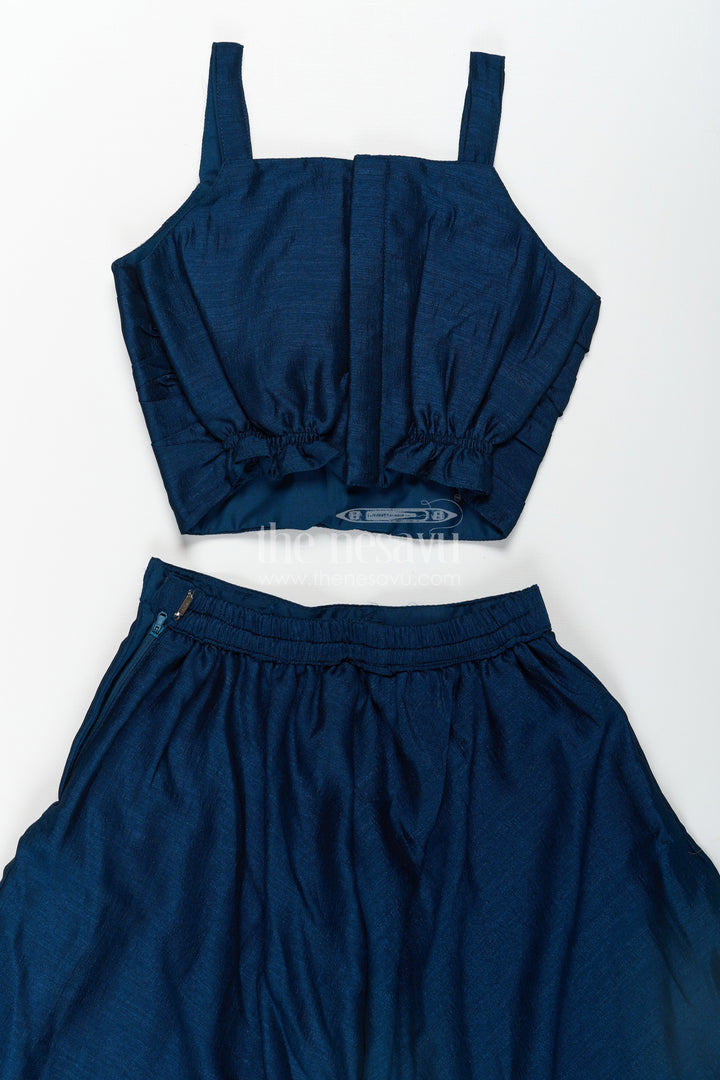 The Nesavu Girls Sharara / Plazo Set Stylish Party Wear for Girls in Blue Georgette Palazzo Set with Heavily Embroidered Jacket and Crop Top Nesavu Nesavu Stylish Party Wear for Girls in Blue Georgette Palazzo Set with Embroidered Long Jacket and Top