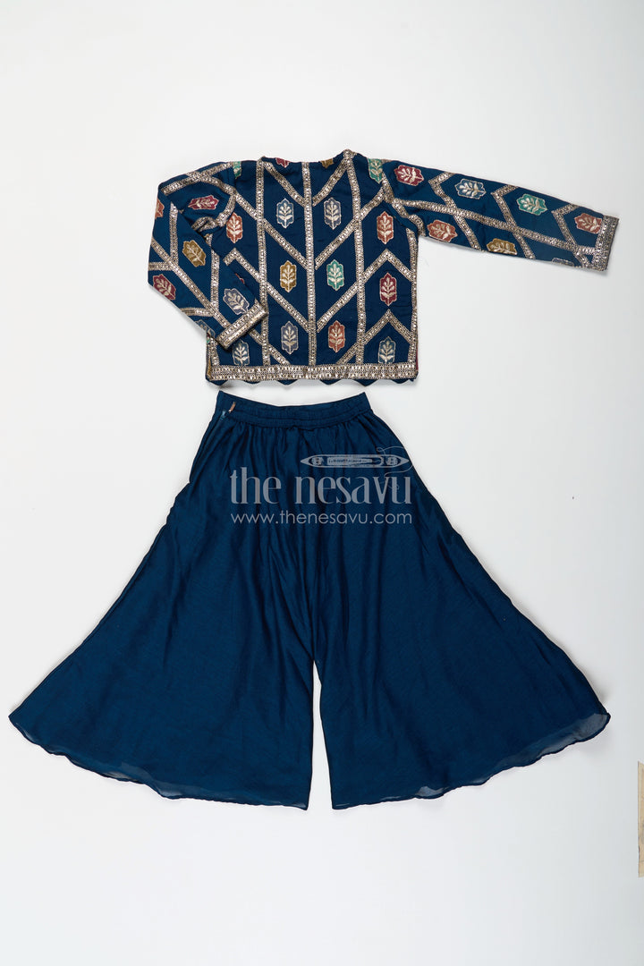 The Nesavu Girls Sharara / Plazo Set Stylish Party Wear for Girls in Blue Georgette Palazzo Set with Heavily Embroidered Jacket and Crop Top Nesavu Nesavu Stylish Party Wear for Girls in Blue Georgette Palazzo Set with Embroidered Long Jacket and Top
