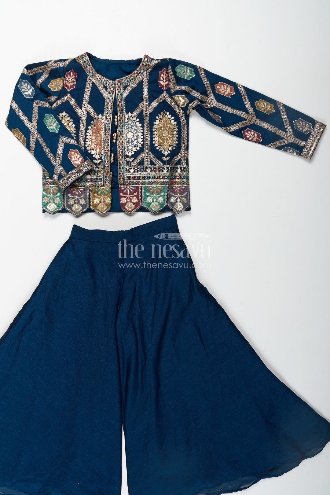 The Nesavu Girls Sharara / Plazo Set Stylish Party Wear for Girls in Blue Georgette Palazzo Set with Heavily Embroidered Jacket and Crop Top Nesavu Nesavu Stylish Party Wear for Girls in Blue Georgette Palazzo Set with Embroidered Long Jacket and Top