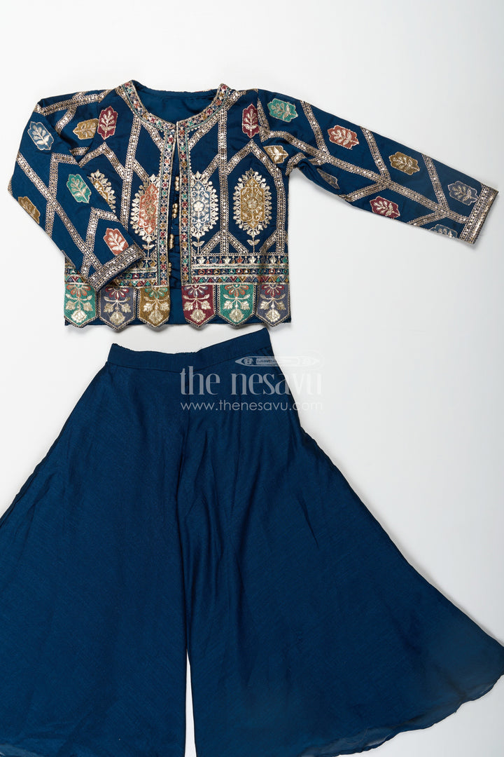 The Nesavu Girls Sharara / Plazo Set Stylish Party Wear for Girls in Blue Georgette Palazzo Set with Heavily Embroidered Jacket and Crop Top Nesavu Nesavu Stylish Party Wear for Girls in Blue Georgette Palazzo Set with Embroidered Long Jacket and Top