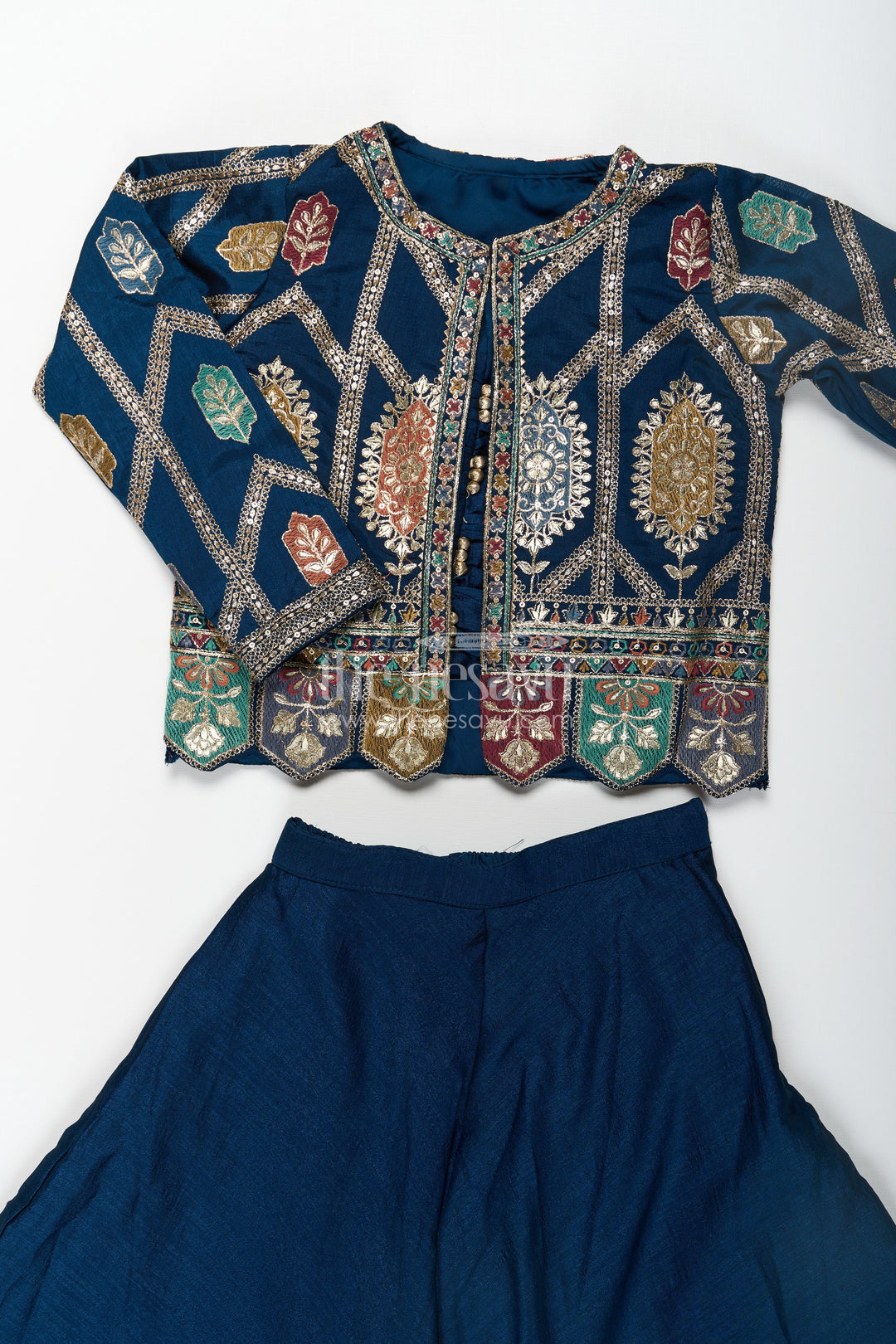 The Nesavu Girls Sharara / Plazo Set Stylish Party Wear for Girls in Blue Georgette Palazzo Set with Heavily Embroidered Jacket and Crop Top Nesavu Nesavu Stylish Party Wear for Girls in Blue Georgette Palazzo Set with Embroidered Long Jacket and Top
