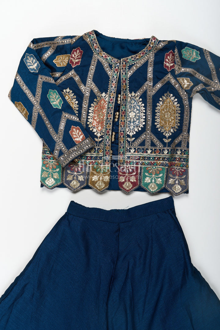 The Nesavu Girls Sharara / Plazo Set Stylish Party Wear for Girls in Blue Georgette Palazzo Set with Heavily Embroidered Jacket and Crop Top Nesavu Nesavu Stylish Party Wear for Girls in Blue Georgette Palazzo Set with Embroidered Long Jacket and Top