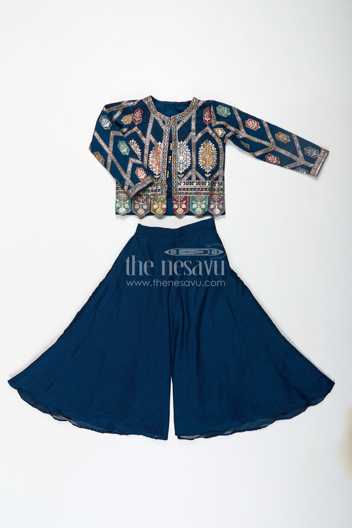 The Nesavu Girls Sharara / Plazo Set Stylish Party Wear for Girls in Blue Georgette Palazzo Set with Heavily Embroidered Jacket and Crop Top Nesavu Nesavu Stylish Party Wear for Girls in Blue Georgette Palazzo Set with Embroidered Long Jacket and Top